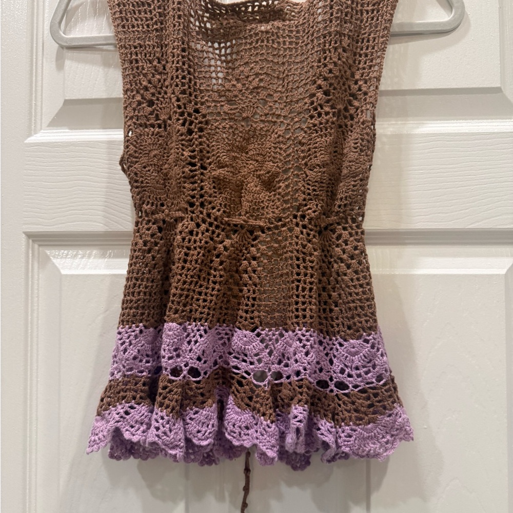 Free People Brown and Lavender Crochet Tie-Front Vest with Floral Patch - Picture 4 of 6